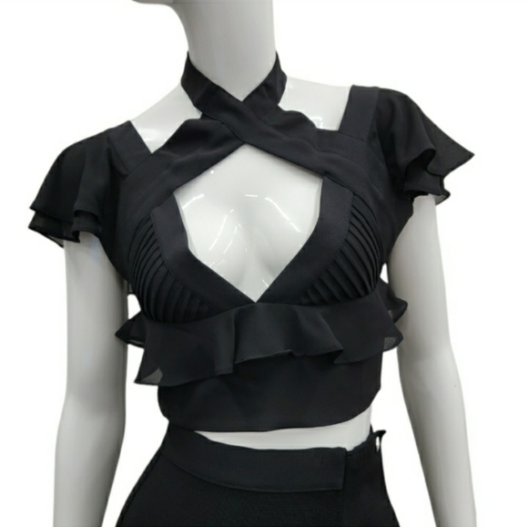 Nasty Gal Black Cropped Flutter Top - Picture 1 of 7